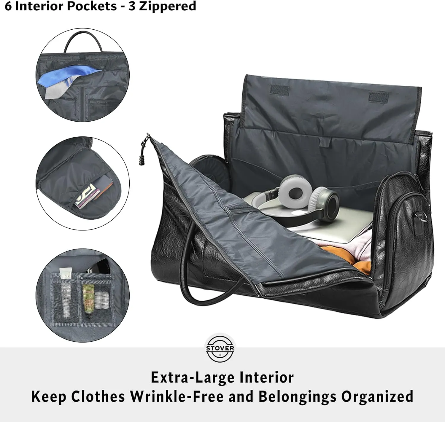 STOVER Garment Travel Duffle Bag, Large 2-in-1 Convertible Carry-on Luggage for Men & Women- Hanging Suits, Dresses & Clothes   Shoe Compartment- Weekender Tote Combo Duffel (Black Leatherette)