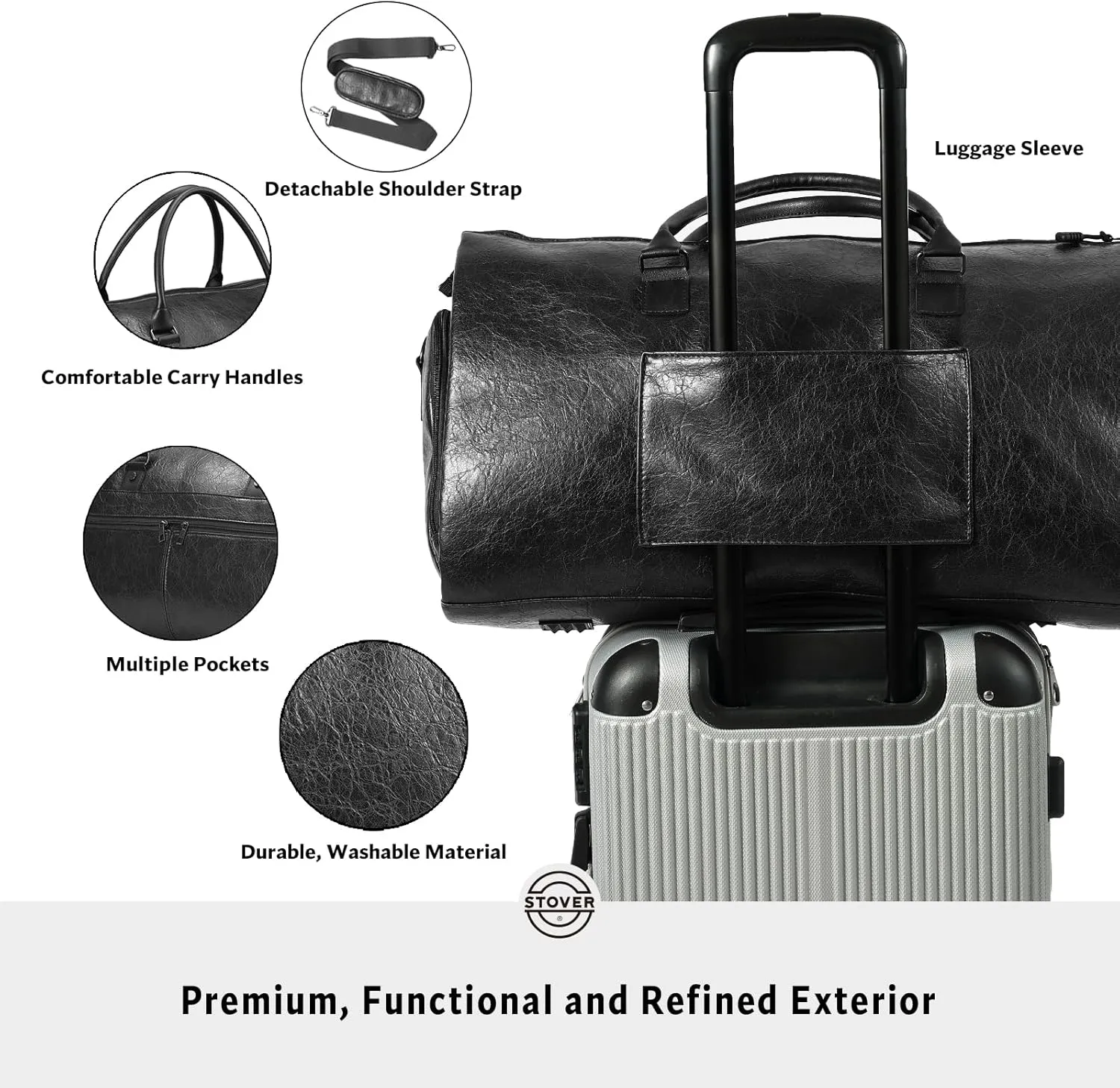 STOVER Garment Travel Duffle Bag, Large 2-in-1 Convertible Carry-on Luggage for Men & Women- Hanging Suits, Dresses & Clothes   Shoe Compartment- Weekender Tote Combo Duffel (Black Leatherette)