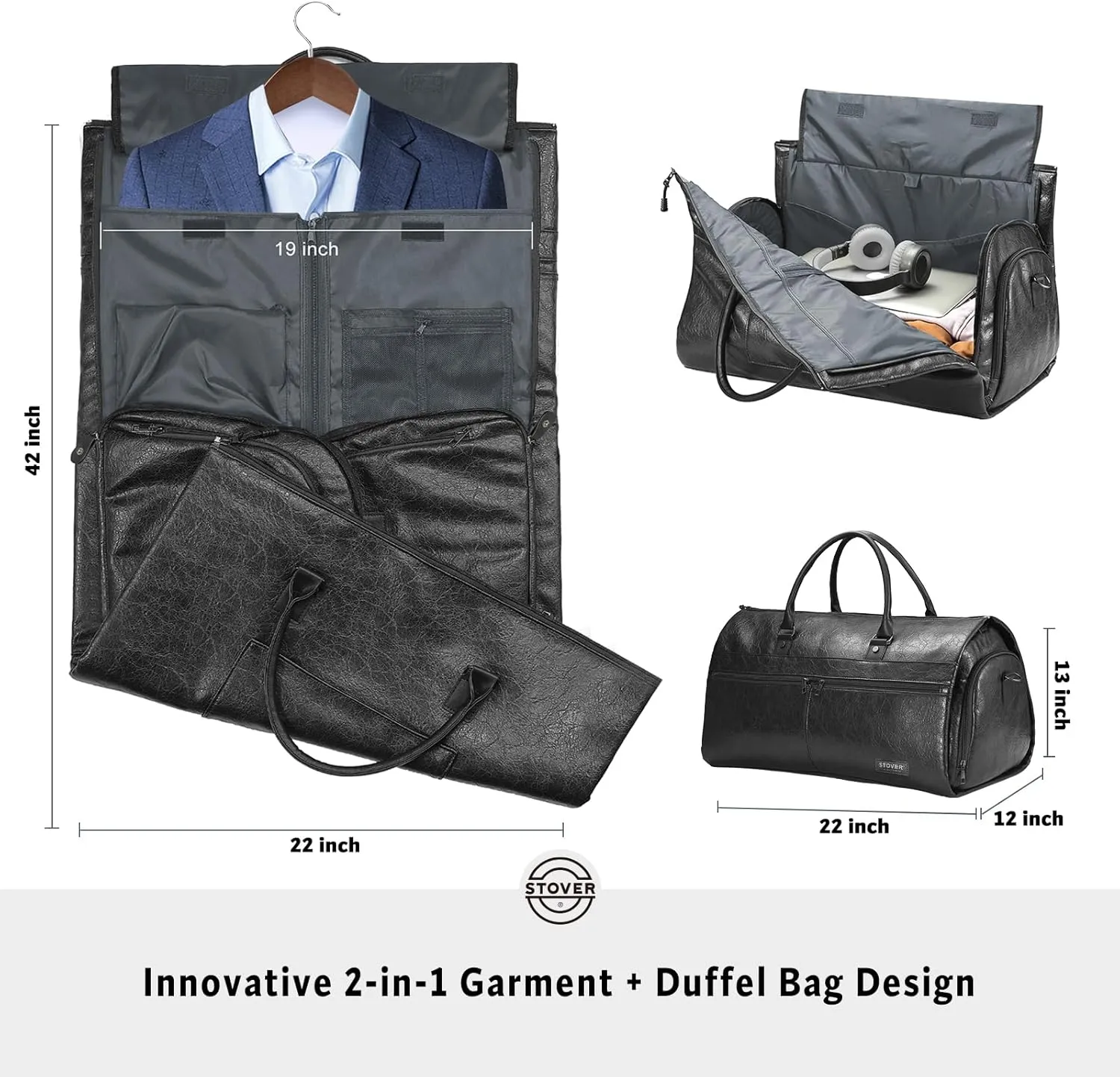 STOVER Garment Travel Duffle Bag, Large 2-in-1 Convertible Carry-on Luggage for Men & Women- Hanging Suits, Dresses & Clothes   Shoe Compartment- Weekender Tote Combo Duffel (Black Leatherette)