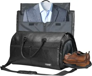 STOVER Garment Travel Duffle Bag, Large 2-in-1 Convertible Carry-on Luggage for Men & Women- Hanging Suits, Dresses & Clothes   Shoe Compartment- Weekender Tote Combo Duffel (Black Leatherette)