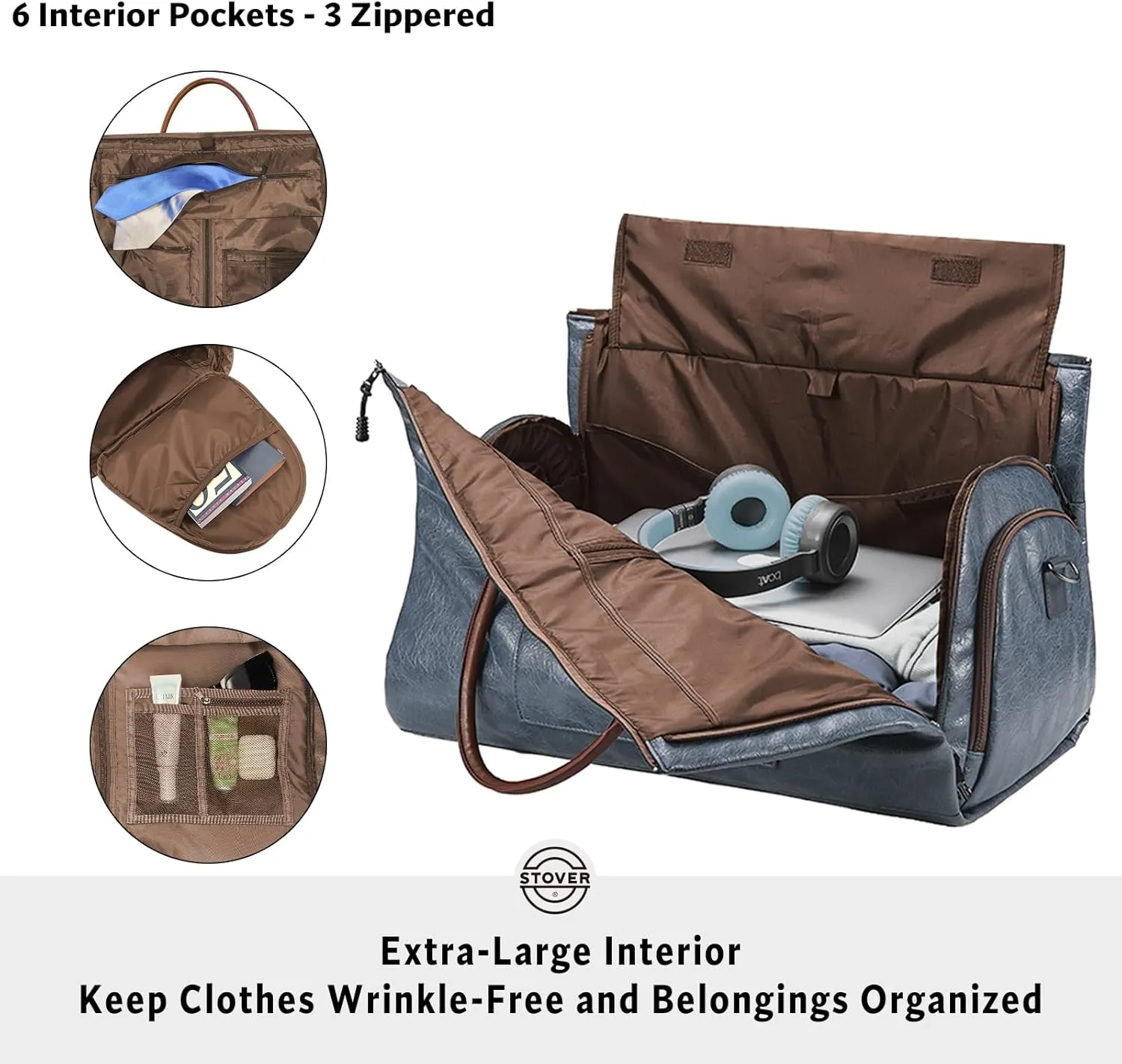 STOVER Garment Travel Duffle Bag, Large 2-in-1 Convertible Carry-on Luggage for Men & Women- Hanging Suits, Dresses & Clothes   Shoe Compartment- Weekender Tote Combo Duffel (Blue Leatherette)