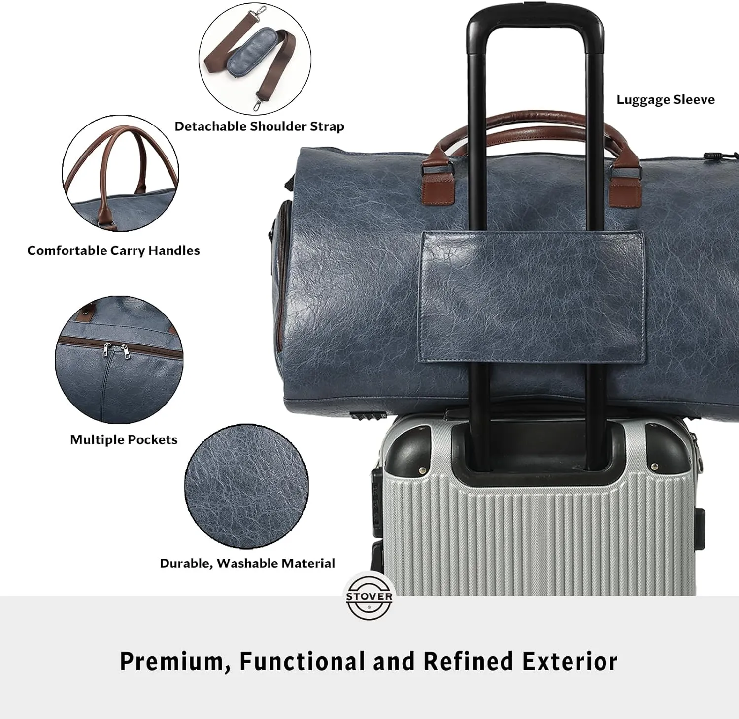 STOVER Garment Travel Duffle Bag, Large 2-in-1 Convertible Carry-on Luggage for Men & Women- Hanging Suits, Dresses & Clothes   Shoe Compartment- Weekender Tote Combo Duffel (Blue Leatherette)