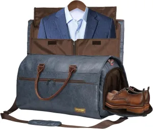 STOVER Garment Travel Duffle Bag, Large 2-in-1 Convertible Carry-on Luggage for Men & Women- Hanging Suits, Dresses & Clothes   Shoe Compartment- Weekender Tote Combo Duffel (Blue Leatherette)