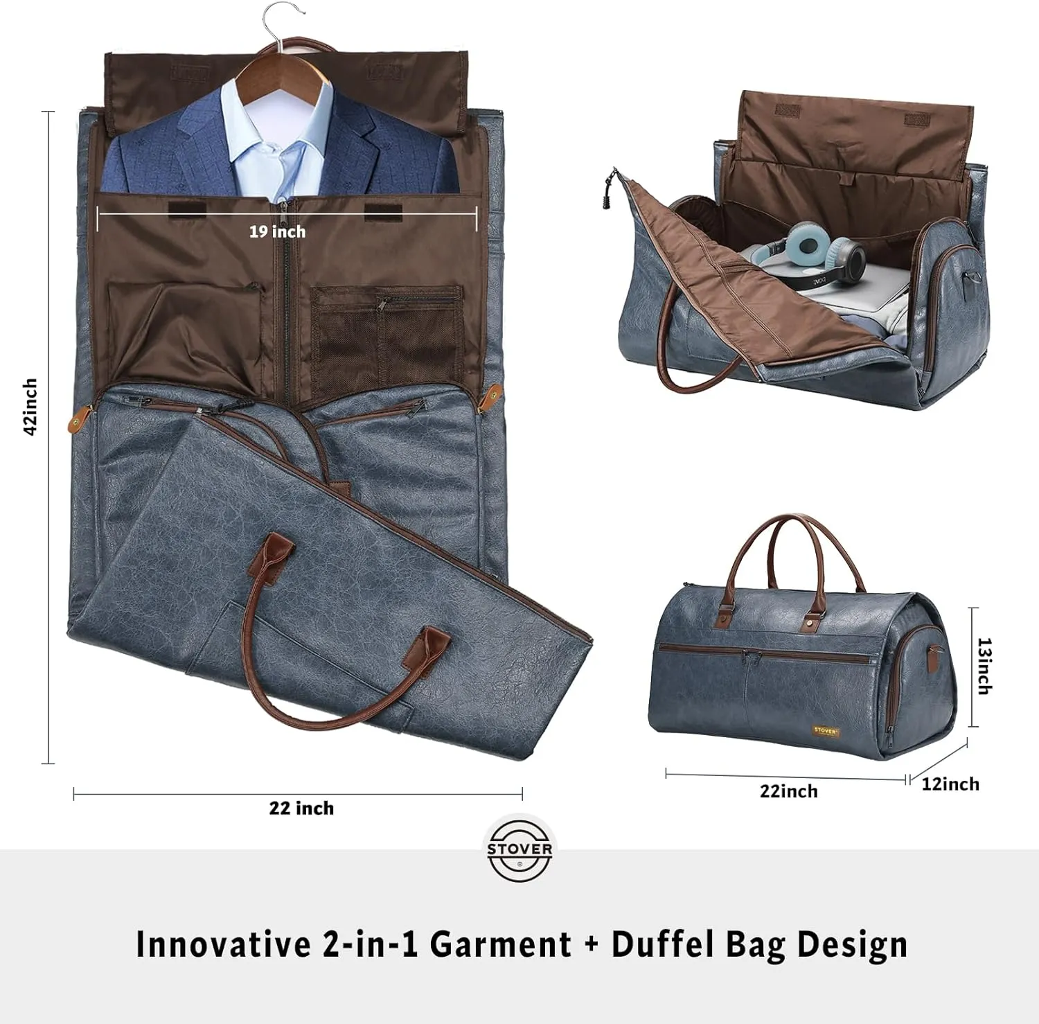 STOVER Garment Travel Duffle Bag, Large 2-in-1 Convertible Carry-on Luggage for Men & Women- Hanging Suits, Dresses & Clothes   Shoe Compartment- Weekender Tote Combo Duffel (Blue Leatherette)