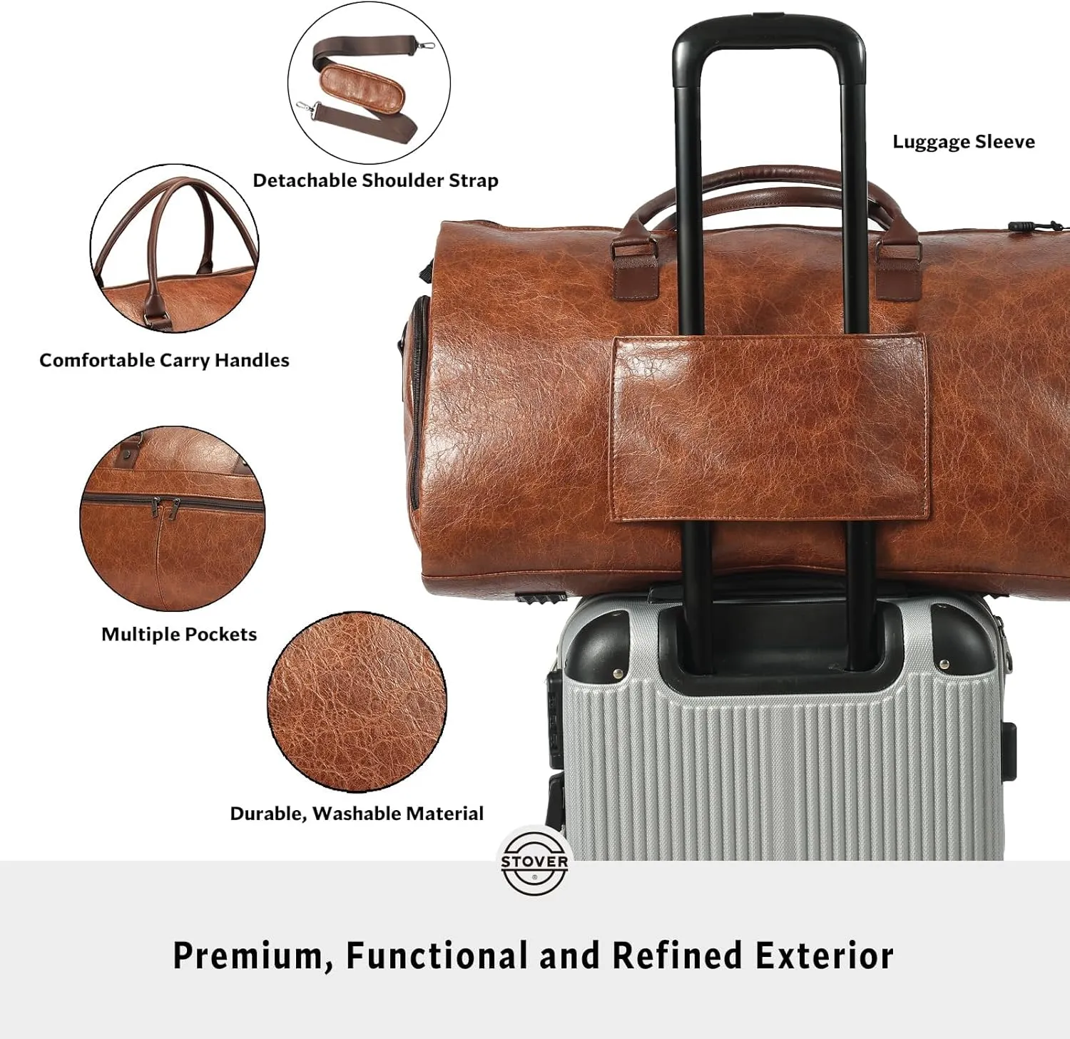 STOVER Garment Travel Duffle Bag, Large 2-in-1 Convertible Carry-on Luggage for Men & Women- Hanging Suits, Dresses & Clothes   Shoe Compartment- Weekender Tote Combo Duffel (Brown Leatherette)