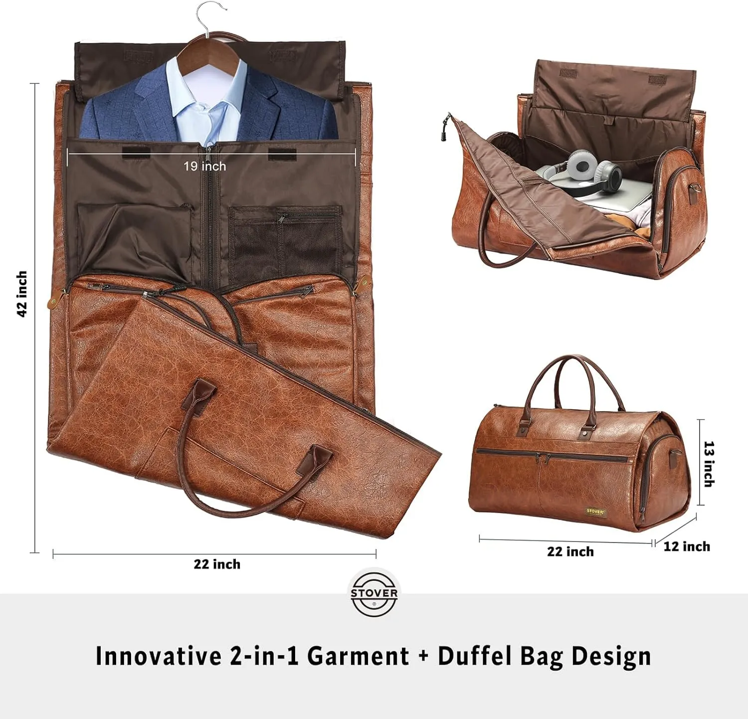 STOVER Garment Travel Duffle Bag, Large 2-in-1 Convertible Carry-on Luggage for Men & Women- Hanging Suits, Dresses & Clothes   Shoe Compartment- Weekender Tote Combo Duffel (Brown Leatherette)