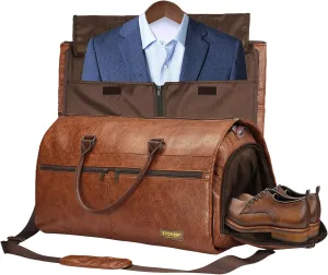 STOVER Garment Travel Duffle Bag, Large 2-in-1 Convertible Carry-on Luggage for Men & Women- Hanging Suits, Dresses & Clothes   Shoe Compartment- Weekender Tote Combo Duffel (Brown Leatherette)