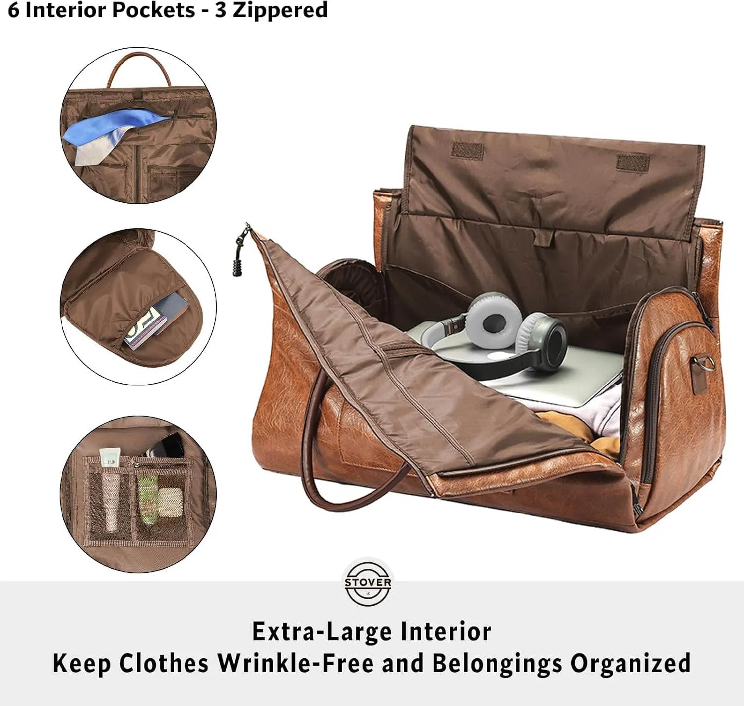 STOVER Garment Travel Duffle Bag, Large 2-in-1 Convertible Carry-on Luggage for Men & Women- Hanging Suits, Dresses & Clothes   Shoe Compartment- Weekender Tote Combo Duffel (Brown Leatherette)