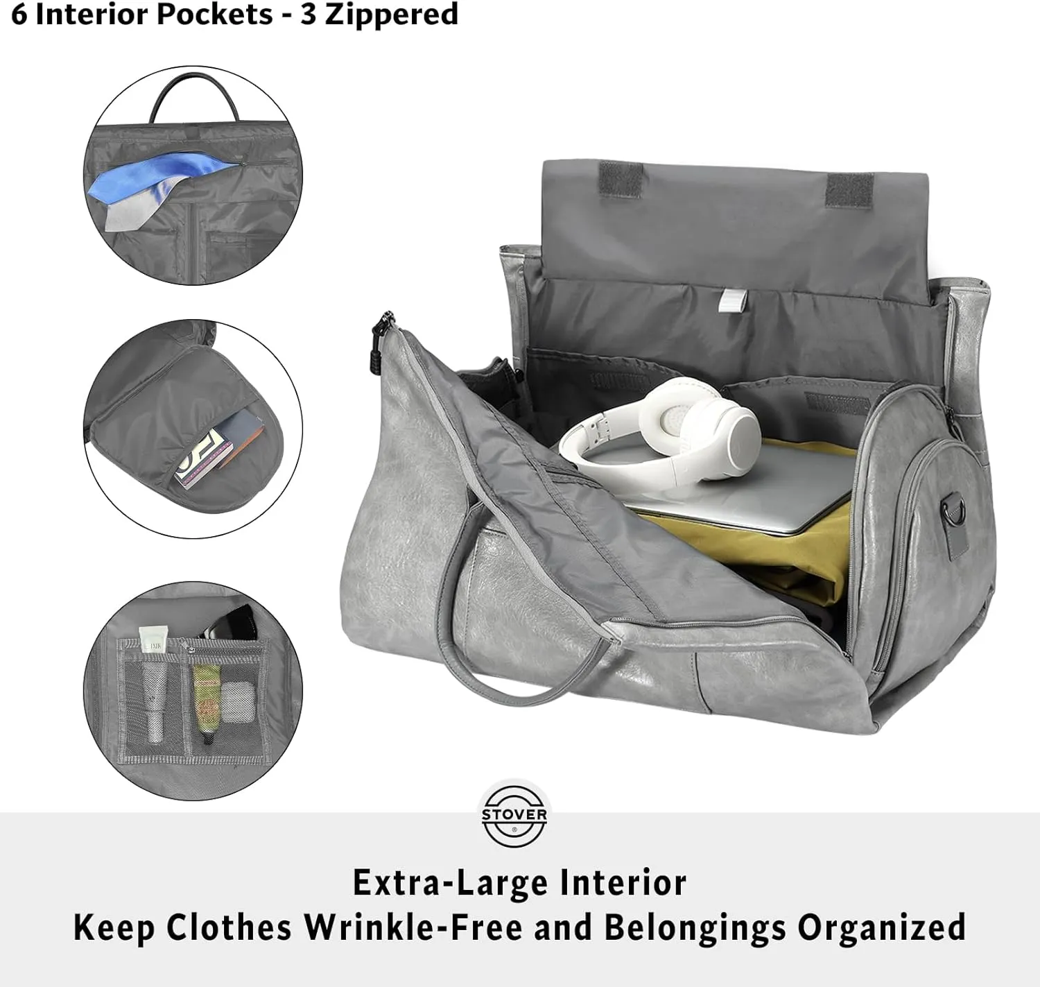 STOVER Garment Travel Duffle Bag, Large 2-in-1 Convertible Carry-on Luggage for Men & Women- Hanging Suits, Dresses & Clothes   Shoe Compartment- Weekender Tote Combo Duffel (Grey Leatherette)