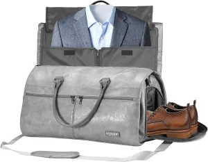 STOVER Garment Travel Duffle Bag, Large 2-in-1 Convertible Carry-on Luggage for Men & Women- Hanging Suits, Dresses & Clothes   Shoe Compartment- Weekender Tote Combo Duffel (Grey Leatherette)