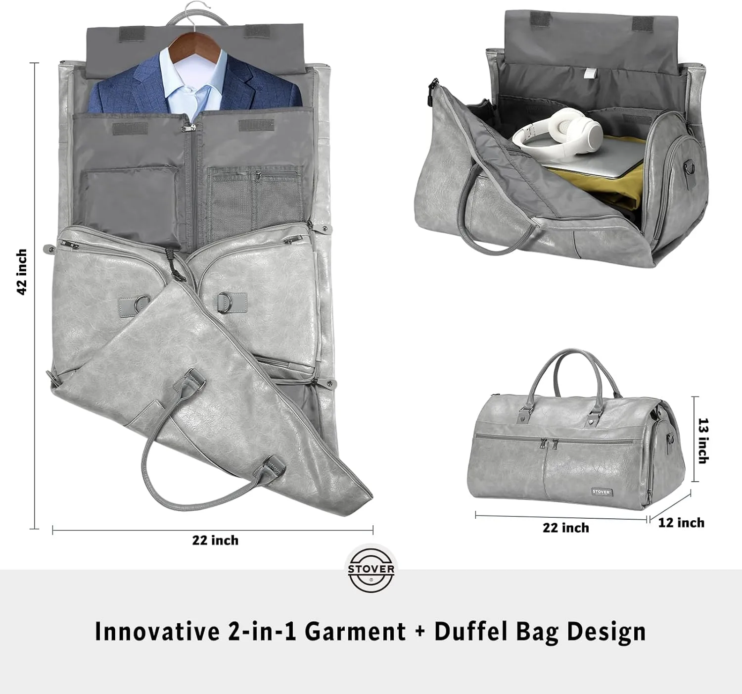 STOVER Garment Travel Duffle Bag, Large 2-in-1 Convertible Carry-on Luggage for Men & Women- Hanging Suits, Dresses & Clothes   Shoe Compartment- Weekender Tote Combo Duffel (Grey Leatherette)