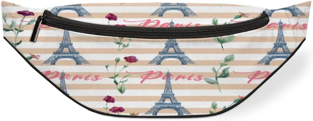 Striped Paris Tower Roses Fanny Pack for Women Men Waist Pack Crossbody Bag with Adjustable Belt for Travel Hiking Running Cycling Festivals