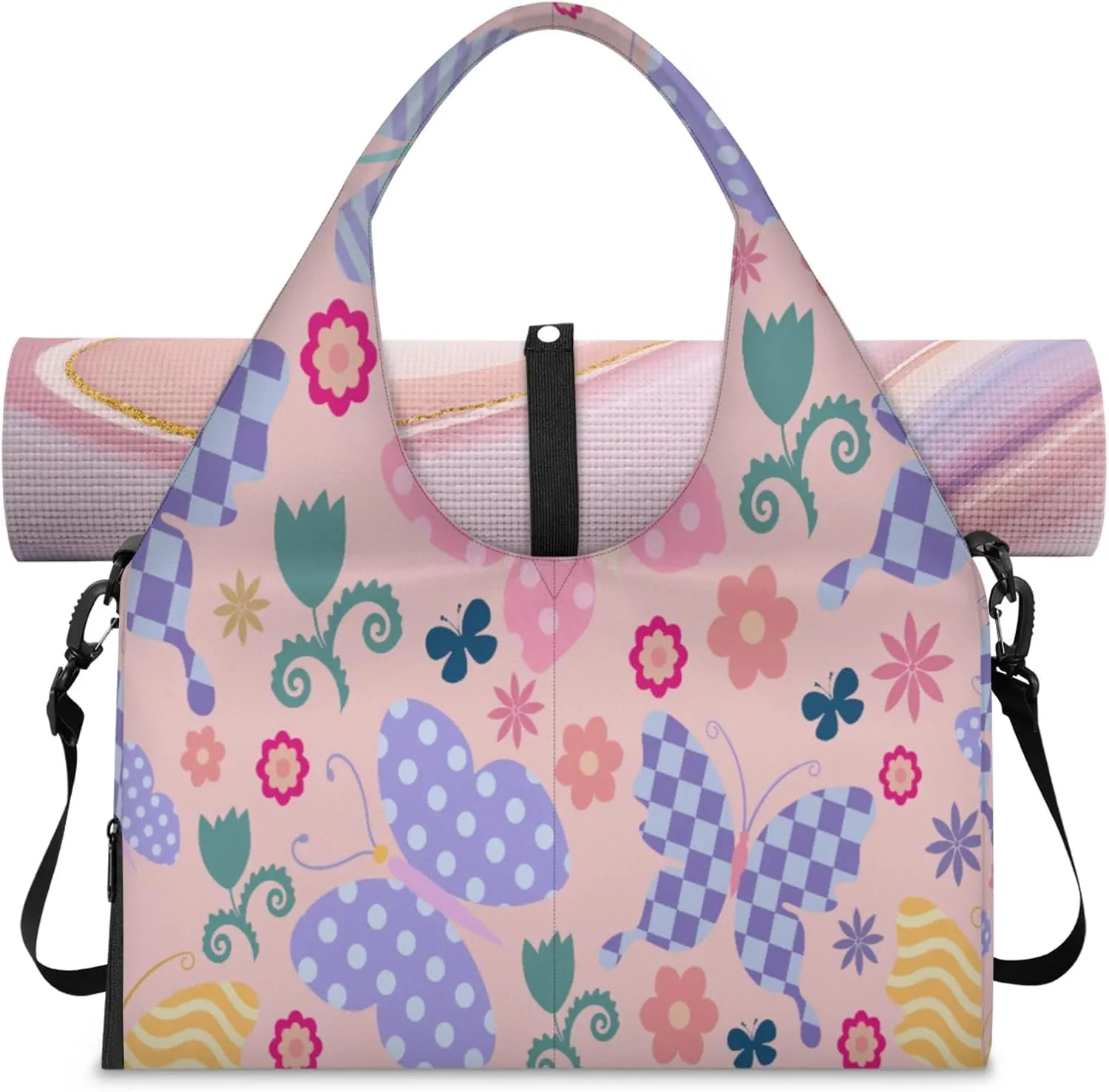 Striped Polka Dot Plaid Butterfly Women's Yoga Gym Bag - Adjustable shoulder strap with shoe compartment, large gym bag with multiple pockets for yoga mat, gym equipment and travel accessories