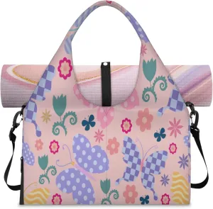 Striped Polka Dot Plaid Butterfly Women's Yoga Gym Bag - Adjustable shoulder strap with shoe compartment, large gym bag with multiple pockets for yoga mat, gym equipment and travel accessories