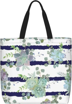 Striped succulents print Women Tote Bags with Inner Bag Handbags with Pattern for Shopping Office