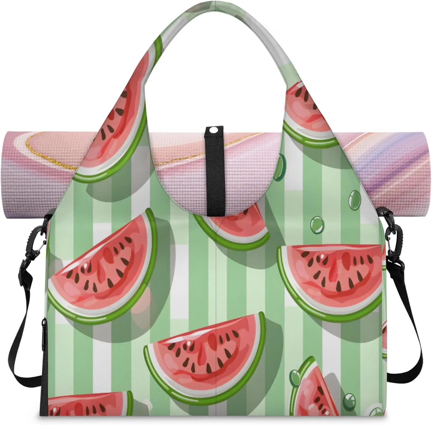 Striped watermelon Women's Yoga Gym Bag - Adjustable shoulder strap with shoe compartment, large gym bag with multiple pockets for yoga mat, gym equipment and travel accessories