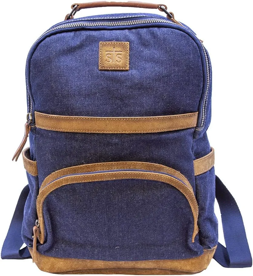 STS Ranchwear Traveling Outdoor Casual Everyday Blue Bayou Collection Denim Backpack with Adjustable Leather Shoulder Straps, One Size