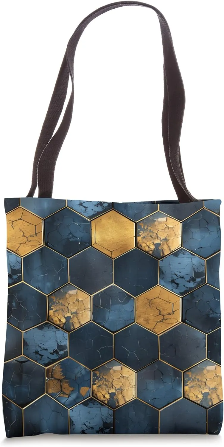 Stylish Geometric Hexagon Pattern Blue Gold Hexagonal Tote Bag