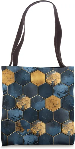 Stylish Geometric Hexagon Pattern Blue Gold Hexagonal Tote Bag