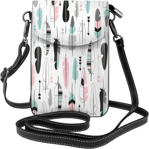 Stylish lightweight feather print leather crossbody cell phone bag,cute multi pocket travel purse