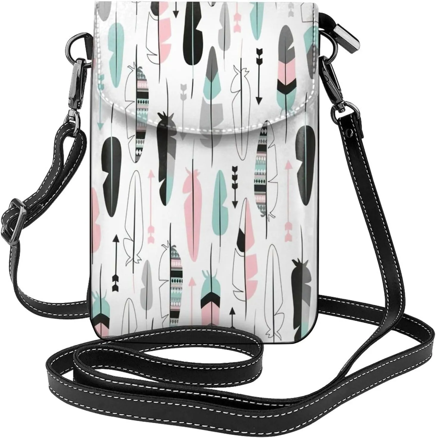 Stylish lightweight feather print leather crossbody cell phone bag,cute multi pocket travel purse