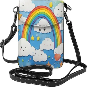 Stylish lightweight Rainbow Clouds Raindrop print leather crossbody cell phone bag,cute multi pocket travel purse