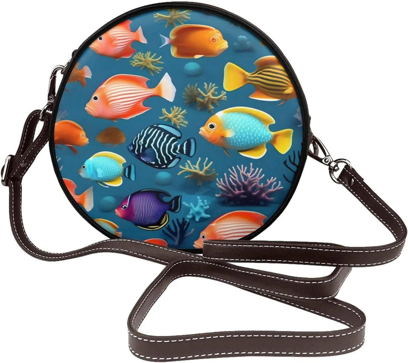 Submarine Reef Fish Removable Shoulder Strap Waterproof Leather Shoulder Round Bag Crossbody Bag Travel Shopping Dating Handbag Purse