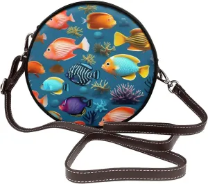 Submarine Reef Fish Removable Shoulder Strap Waterproof Leather Shoulder Round Bag Crossbody Bag Travel Shopping Dating Handbag Purse