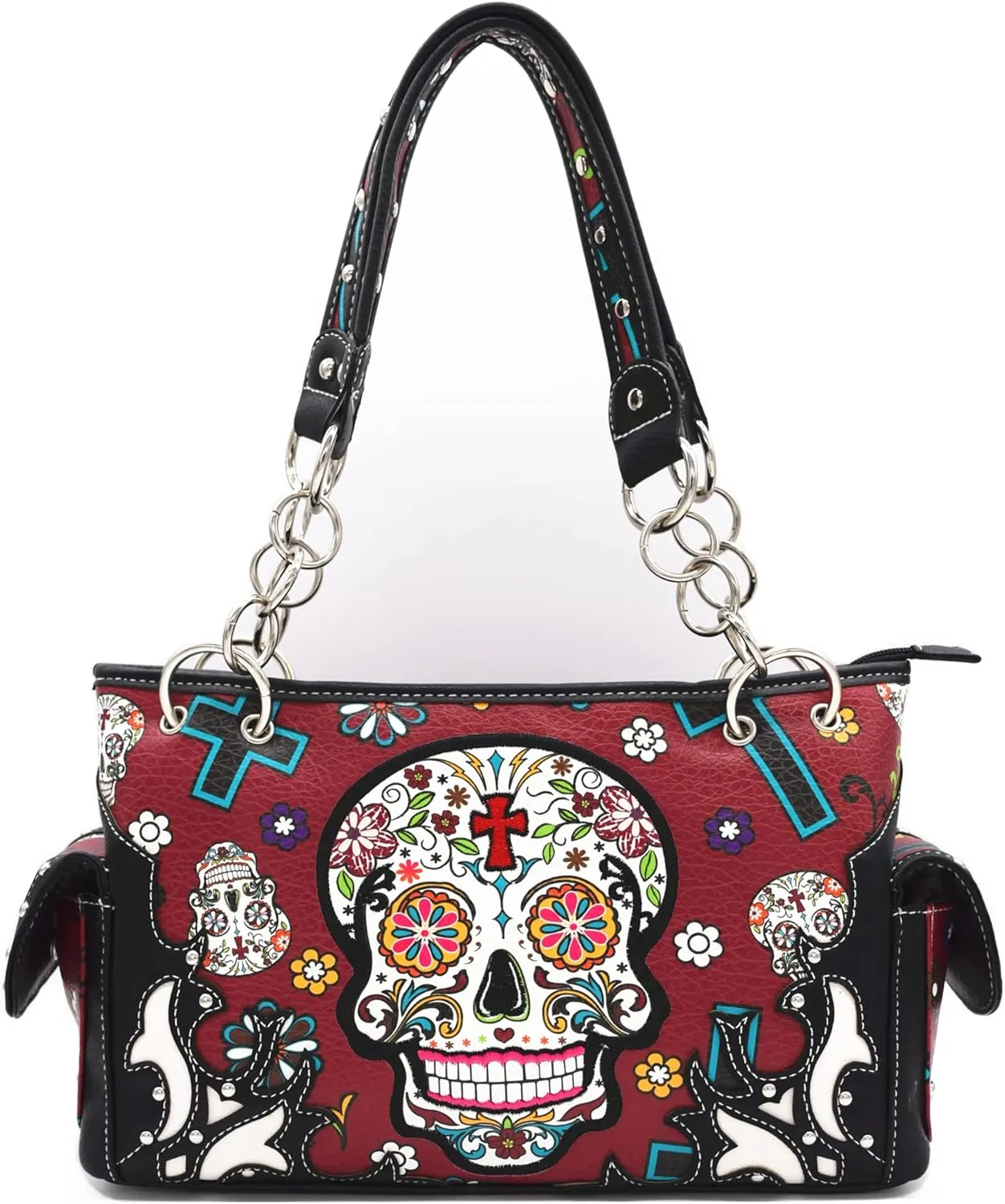 Sugar Skull Rose Flower Day of the Dead Purse Punk Gothic Totes Women Fashion Handbag Skeleton Shoulder Bag Wallet Set