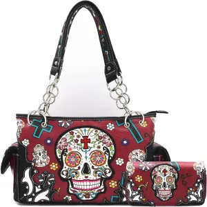 Sugar Skull Rose Flower Day of the Dead Purse Punk Gothic Totes Women Fashion Handbag Skeleton Shoulder Bag Wallet Set