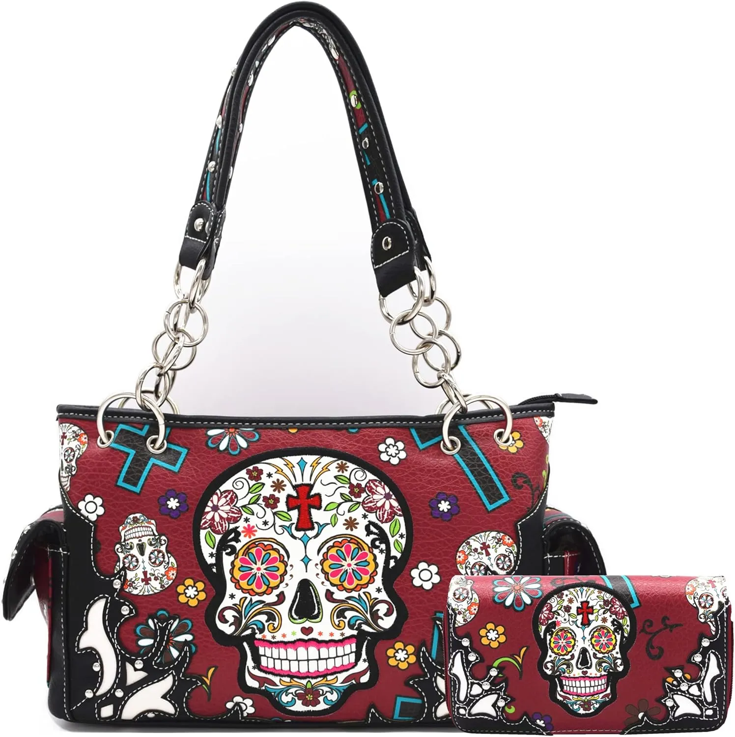 Sugar Skull Rose Flower Day of the Dead Purse Punk Gothic Totes Women Fashion Handbag Skeleton Shoulder Bag Wallet Set