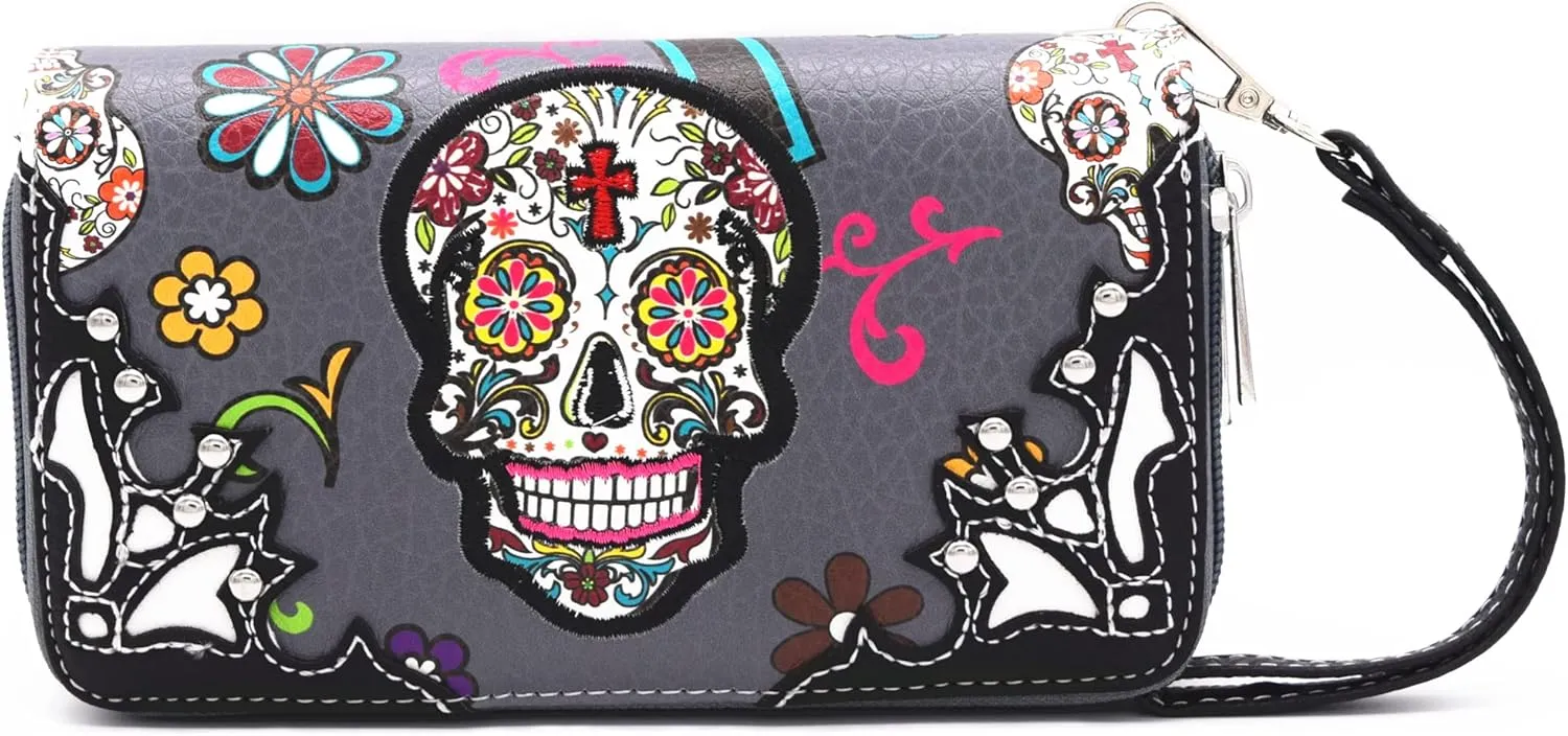 Sugar Skull Rose Flower Day of the Dead Purse Punk Gothic Totes Women Fashion Handbag Skeleton Shoulder Bag Wallet Set