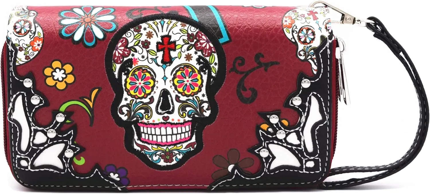 Sugar Skull Rose Flower Day of the Dead Purse Punk Gothic Totes Women Fashion Handbag Skeleton Shoulder Bag Wallet Set