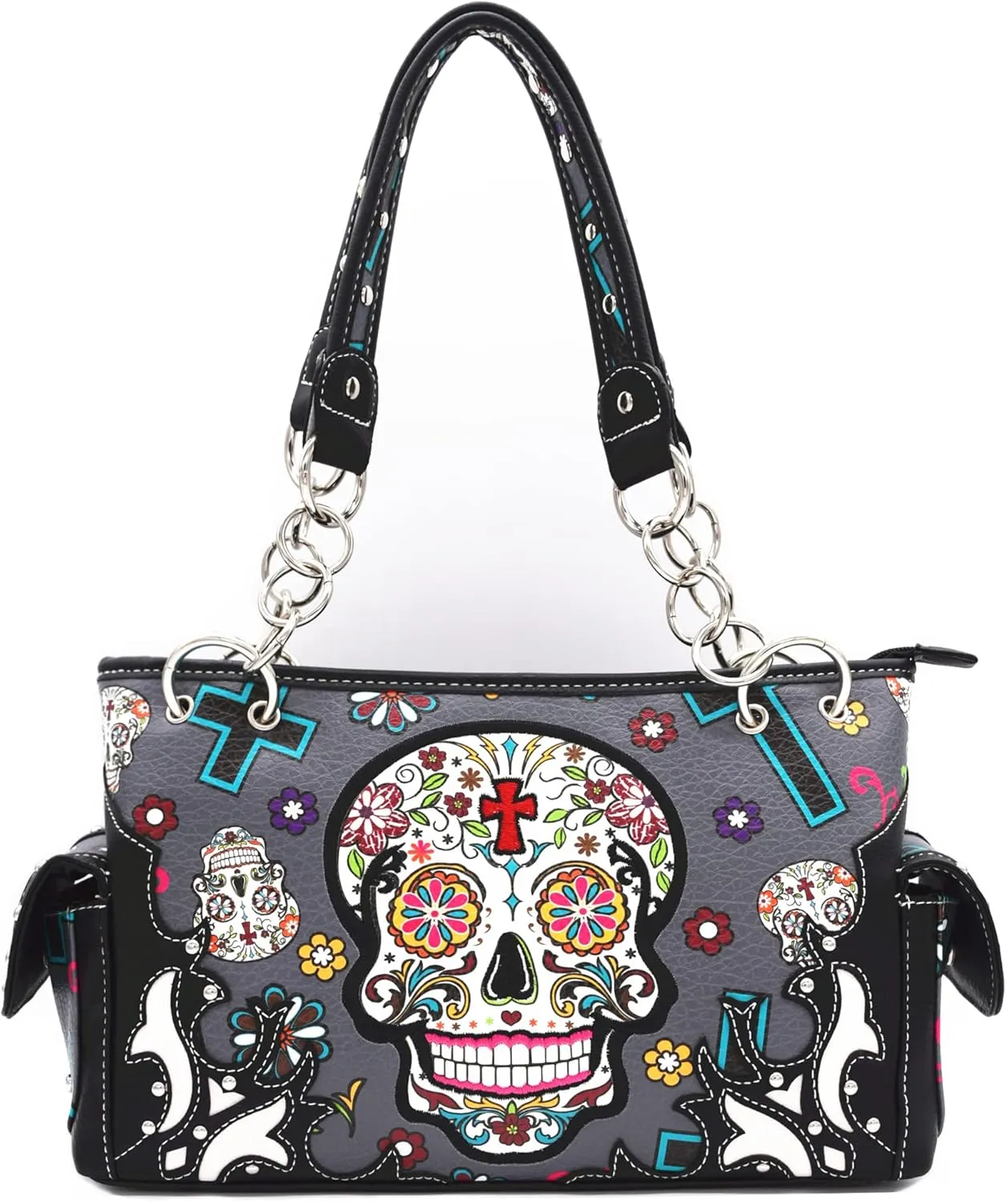 Sugar Skull Rose Flower Day of the Dead Purse Punk Gothic Totes Women Fashion Handbag Skeleton Shoulder Bag Wallet Set