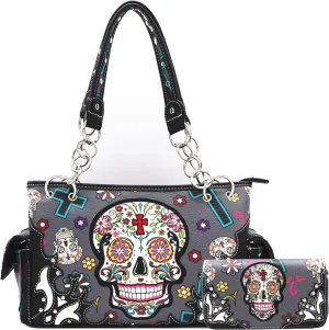 Sugar Skull Rose Flower Day of the Dead Purse Punk Gothic Totes Women Fashion Handbag Skeleton Shoulder Bag Wallet Set