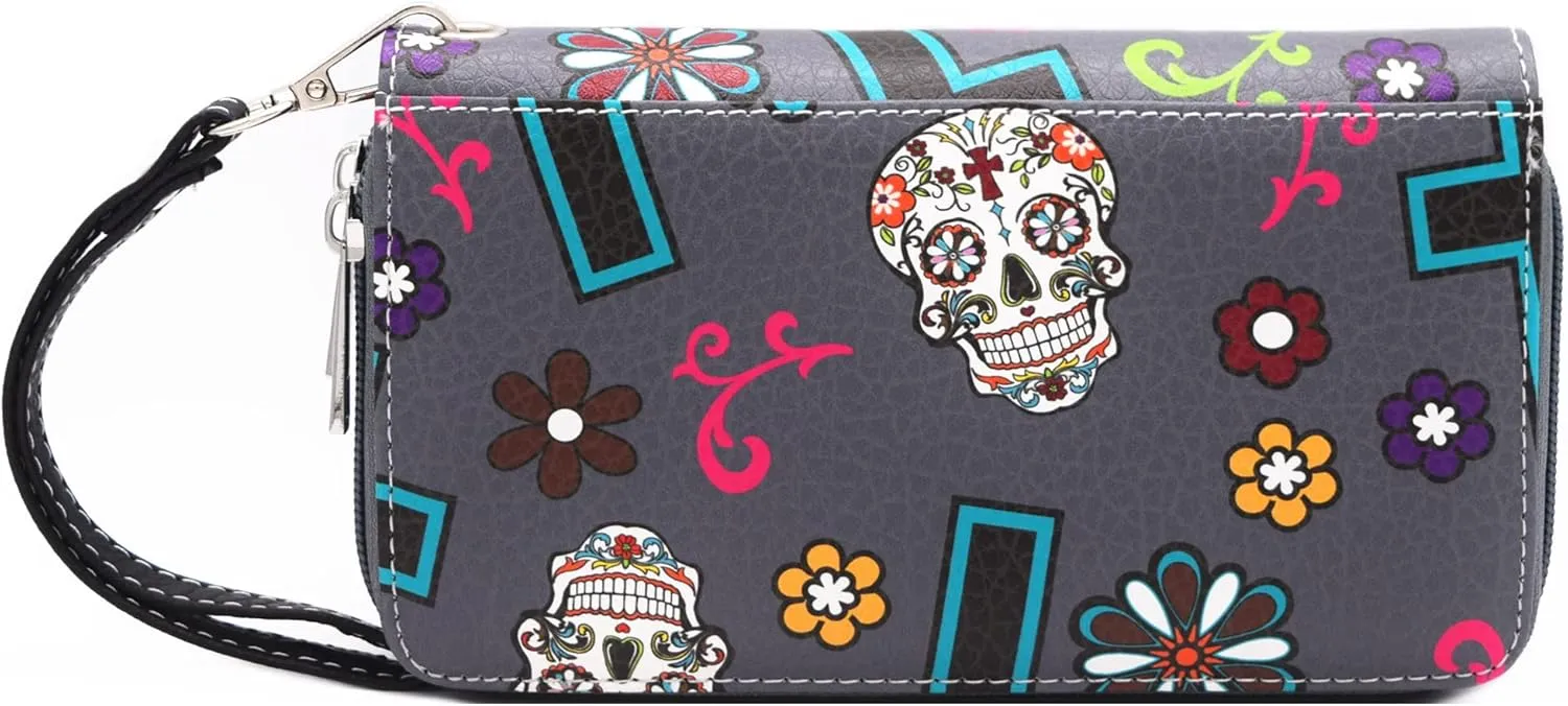 Sugar Skull Rose Flower Day of the Dead Purse Punk Gothic Totes Women Fashion Handbag Skeleton Shoulder Bag Wallet Set