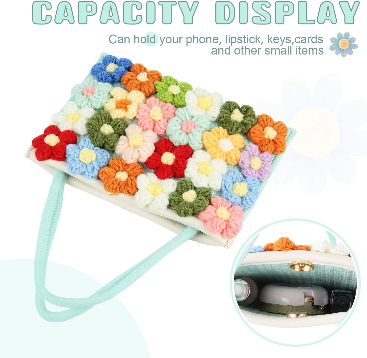 SUKUTU Women Small Flower Handwoven Crossbody Handbag Cute Multicolored Purse Bag Cotton Crochet Shoulder Bag