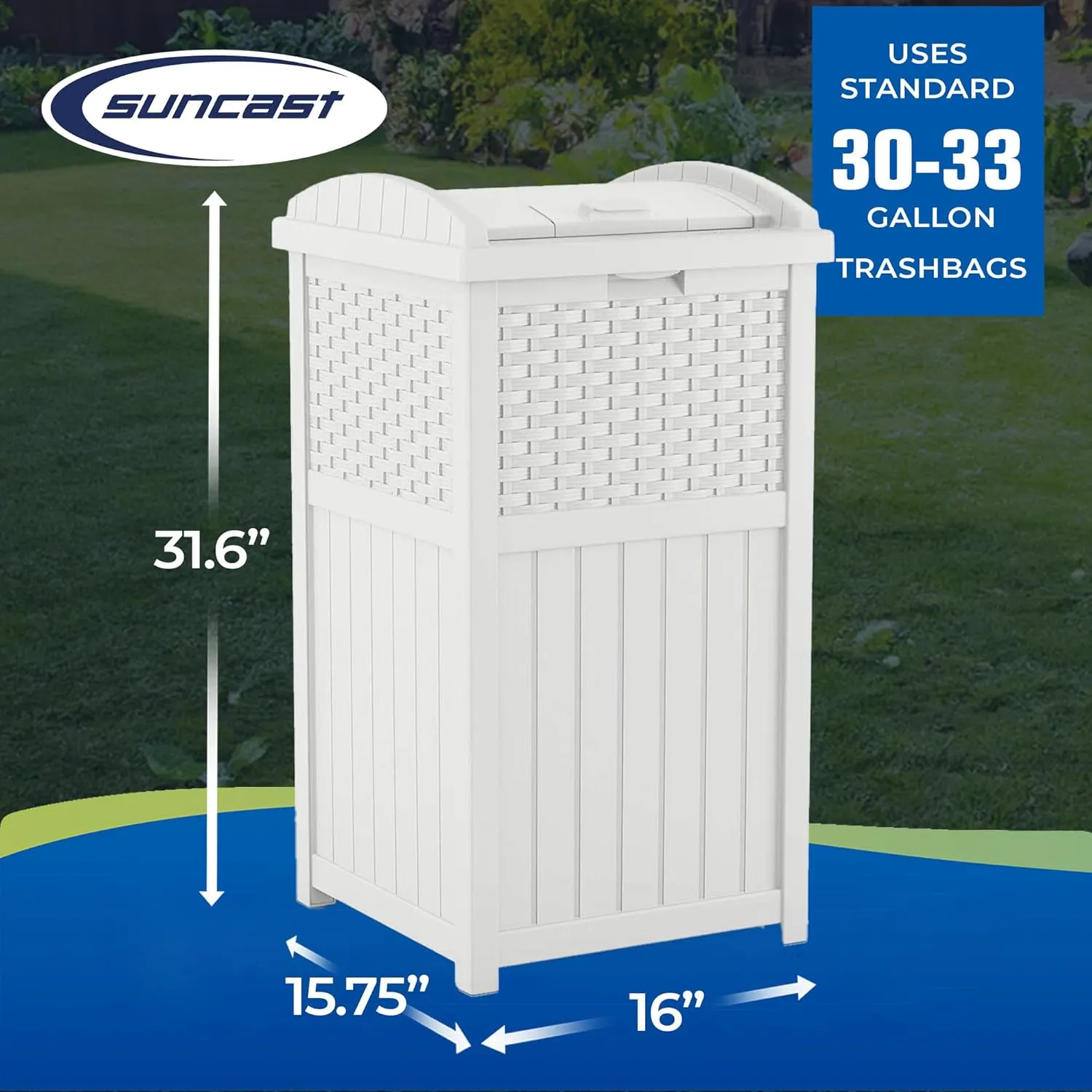 Suncast 33 Gallon Durable Plastic Hideaway Outdoor Garbage Can Trash Bin with Lid and Wicker Design for Backyard, Deck, or Patio, White