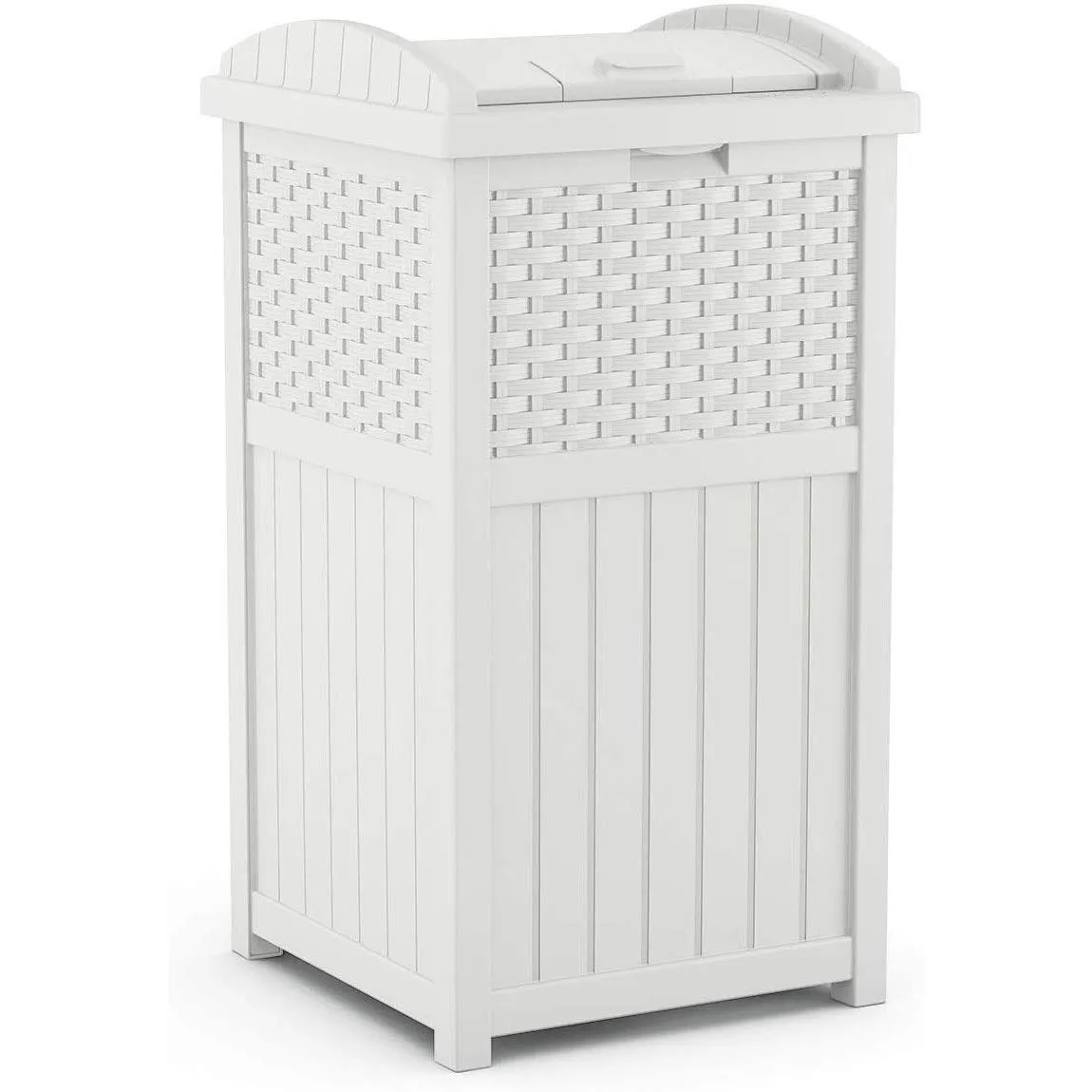 Suncast 33 Gallon Durable Plastic Hideaway Outdoor Garbage Can Trash Bin with Lid and Wicker Design for Backyard, Deck, or Patio, White
