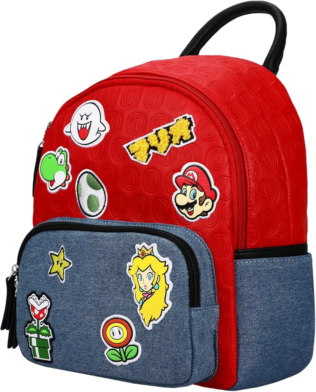 Super Mario Icon Patches red and Blue denim tone Embossed Mini Backpack