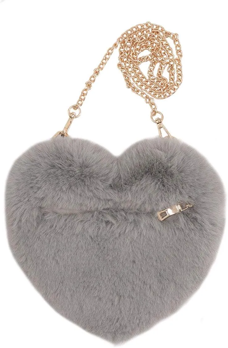 surell Faux Rex Rabbit Fur Heart Shaped Bag with Zipper- Fuzzy Crossbody For Women