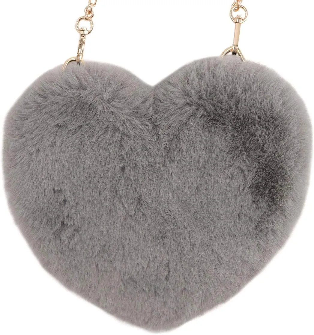 surell Faux Rex Rabbit Fur Heart Shaped Bag with Zipper- Fuzzy Crossbody For Women