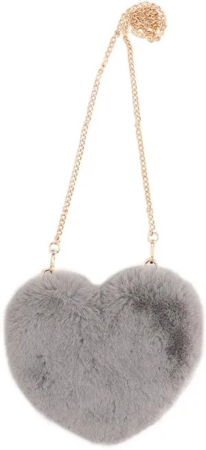 surell Faux Rex Rabbit Fur Heart Shaped Bag with Zipper- Fuzzy Crossbody For Women