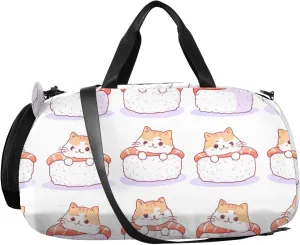Sushi Cat Kids Overnight Duffle Bag,Gymnastics Sports Dance Bag with Shoe Compartment & Wet Pocket, Travel Weekender Tote for Boys & Girls
