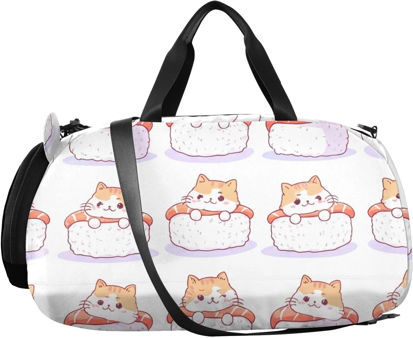 Sushi Cat Kids Overnight Duffle Bag,Gymnastics Sports Dance Bag with Shoe Compartment & Wet Pocket, Travel Weekender Tote for Boys & Girls