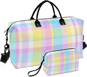 susiyo Travel Duffel Bags Easter Pastel Colored Checkered Quilted Gym Bag Weekender Overnight Bags with Small Makeup Pouch
