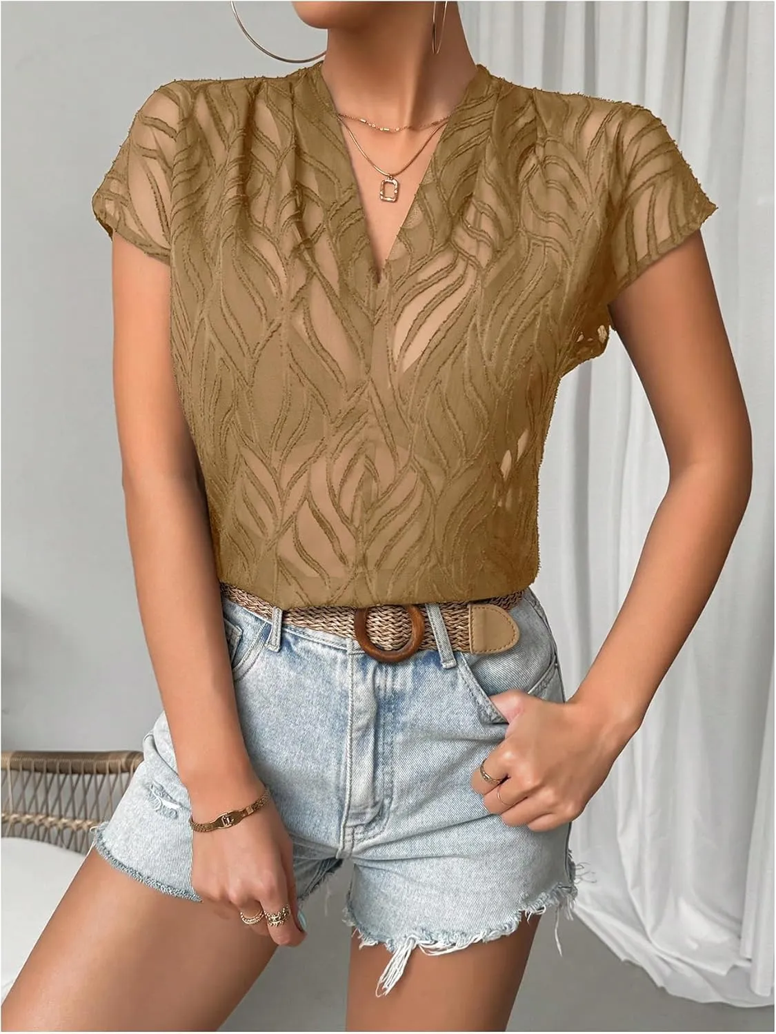 SweatyRocks Women's Sheer Mesh See Through Short Sleeve Blouse V Neck Plain Tee Shirt Tops