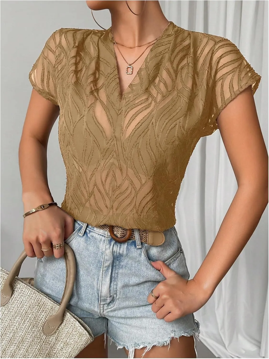 SweatyRocks Women's Sheer Mesh See Through Short Sleeve Blouse V Neck Plain Tee Shirt Tops