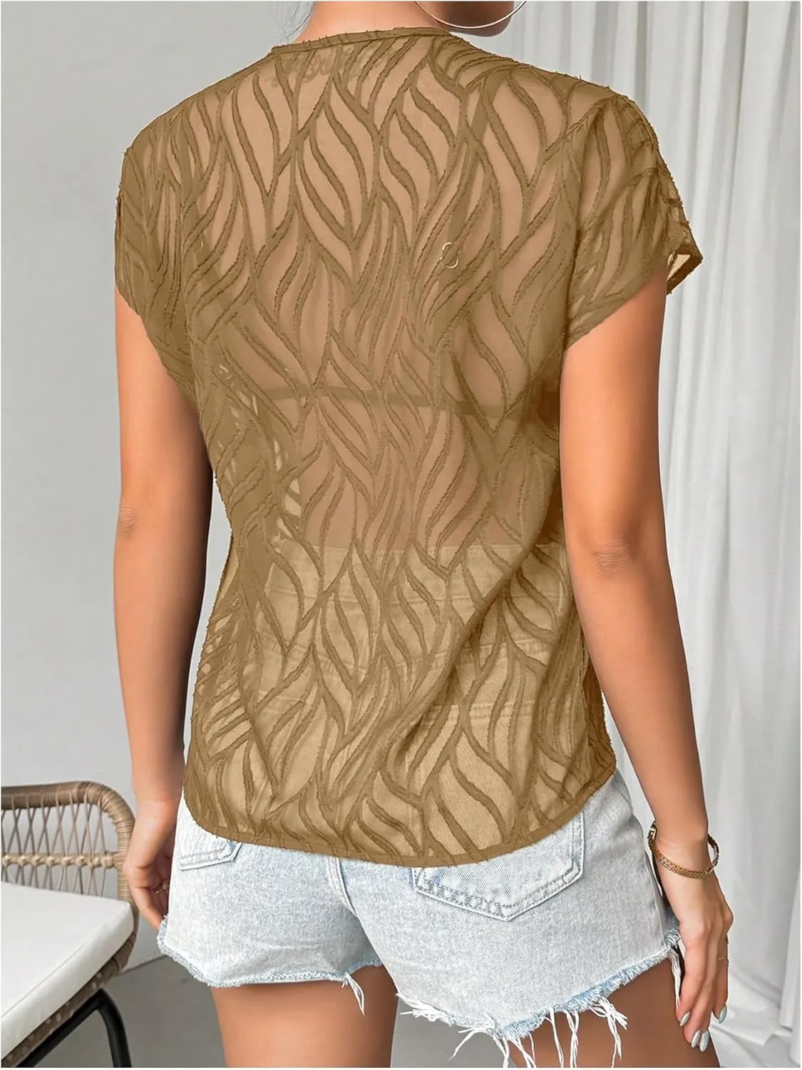 SweatyRocks Women's Sheer Mesh See Through Short Sleeve Blouse V Neck Plain Tee Shirt Tops