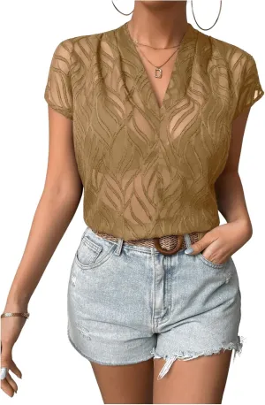 SweatyRocks Women's Sheer Mesh See Through Short Sleeve Blouse V Neck Plain Tee Shirt Tops